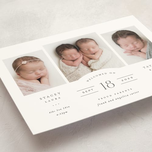 This is a slate birth announcement postcards with standard by Hooray Creative called twinsies printing on signature in postcard