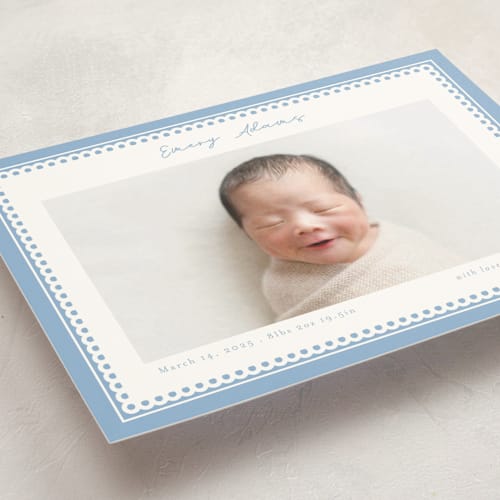 This is a sky birth announcement postcards with standard by Nicole Walsh called stitched frame printing on signature in postcard