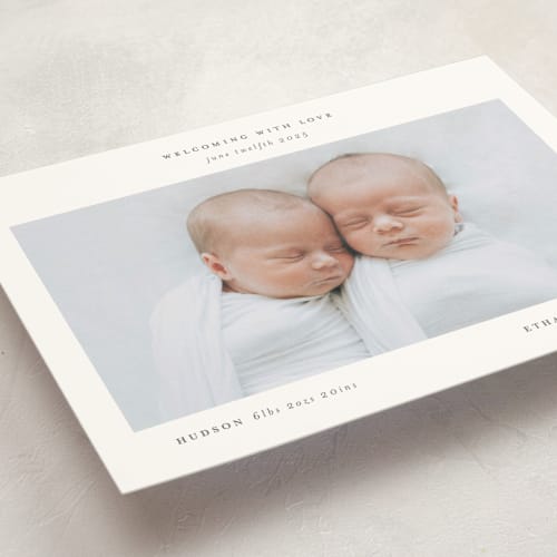 This is a cloud birth announcement postcards with standard by Lori Wemple called twin printing on signature in postcard