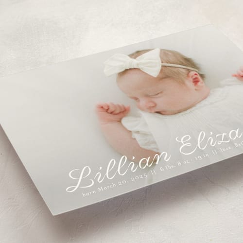 This is a cotton birth announcement postcards with standard by Megan Davis called georgette printing on signature in postcard