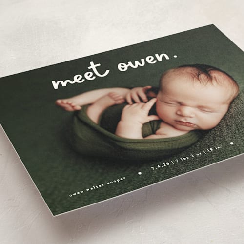 This is a snow birth announcement postcards with standard by Lauren Chism called meet cute printing on signature in postcard
