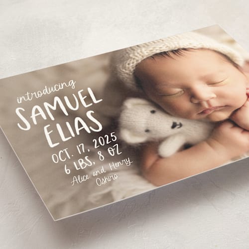 This is a cloud birth announcement postcards with standard by Lea Delaveris called all write printing on signature in postcard
