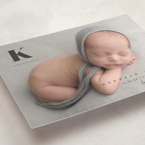 This is a ink birth announcement postcards with standard by Creo Study called my alphabet printing on signature in postcard