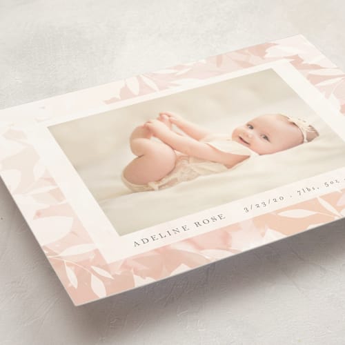 This is a blush birth announcement postcards with standard by Angela Thompson called blush branches printing on signature in postcard