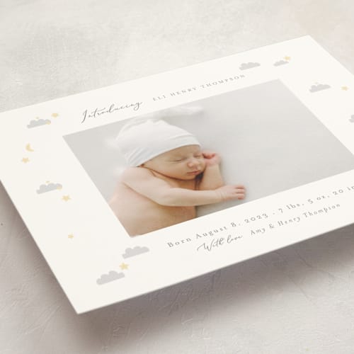 This is a cotton birth announcement postcards with standard by Angela Thompson called disney's winnie the pooh night sky printing on signature in postcard