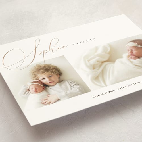 This is a oat birth announcement postcards with standard by Pixel and Hank called classic twist printing on signature in postcard