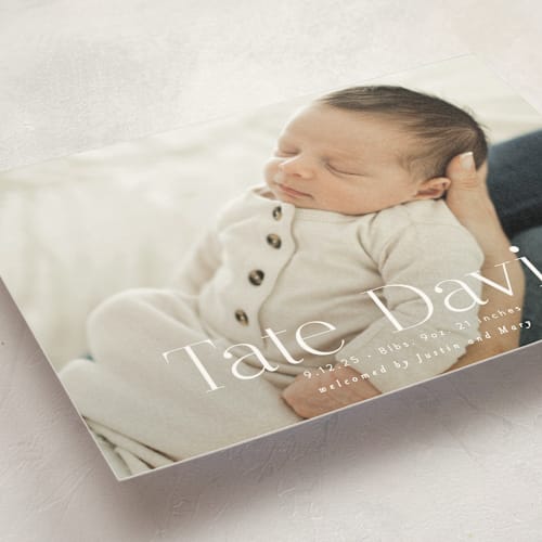 This is a cloud birth announcement postcards with standard by Alethea and Ruth called stacked name printing on signature in postcard