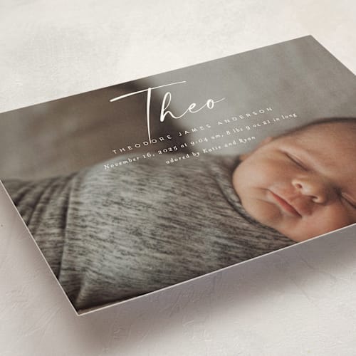 This is a linen birth announcement postcards with standard by Kasia Labocki called complete printing on signature in postcard
