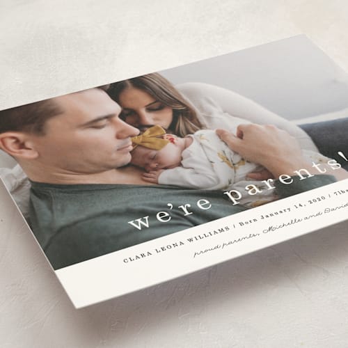 This is a cotton birth announcement postcards with standard by Maria Hilas-Louie called we're parents printing on signature in postcard