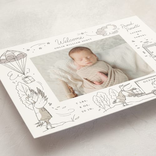 This is a slate birth announcement postcards with standard by Morgan Ramberg called special delivery printing on signature in postcard