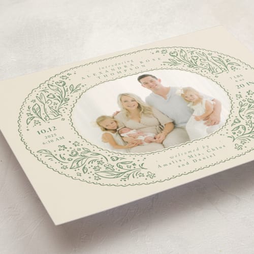 This is a sage birth announcement postcards with standard by Anastasia Makarova called bunnies and flowers printing on signature in postcard