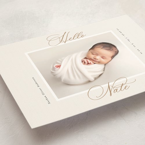 This is a sand birth announcement postcards with standard by Gwen Bedat called sweet stripes printing on signature in postcard