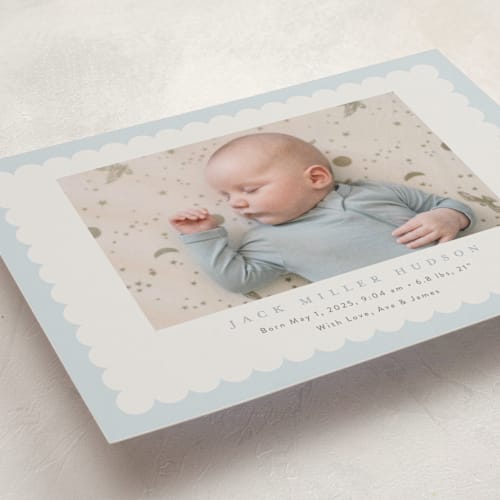 This is a sky birth announcement postcards with standard by Nicoletta Savod called charmed printing on signature in postcard