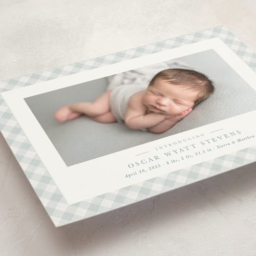 This is a sky birth announcement postcards with standard by Lea Delaveris called checked printing on signature in postcard