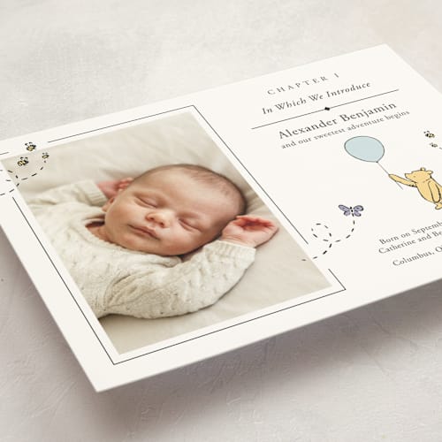 This is a cloud birth announcement postcards with standard by Heather Schertzer called disney sweetest adventure printing on signature in postcard