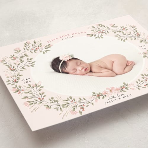 This is a blush birth announcement postcards with standard by Susan Moyal called sweet floral vine printing on signature in postcard