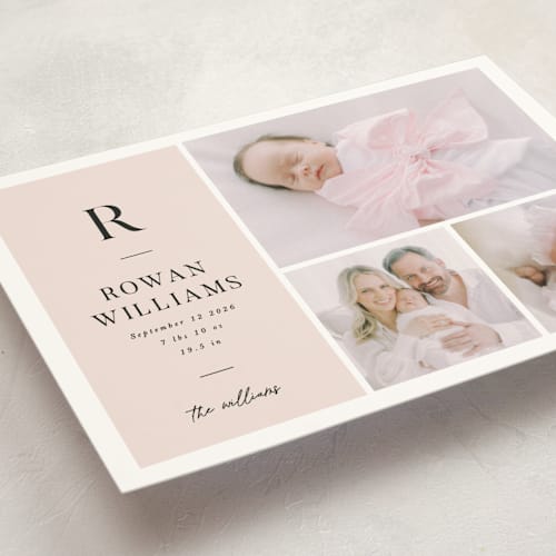 This is a blush birth announcement postcards with standard by Robert and Stella called monogram block printing on signature in postcard