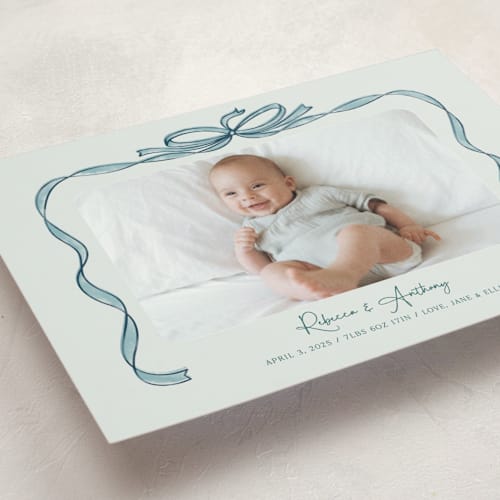 This is a mint birth announcement postcards with standard by Paper Sun Studio called tied together printing on signature in postcard