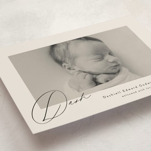 This is a vanilla birth announcement postcards with standard by Olivia Raufman called dashing printing on signature in postcard