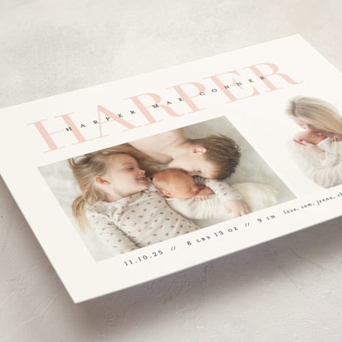 This is a blush birth announcement postcards with standard by Lauren Chism called love-ly printing on signature in postcard