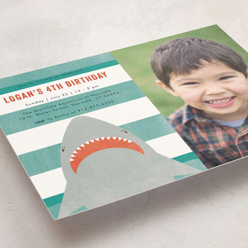 This is a ocean kids birthday invitations with standard by Annie Holmquist called fin-tastic! printing on signature in postcard