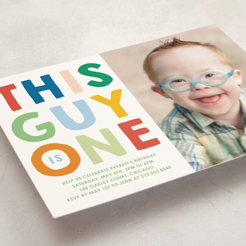 This is a spectrum kids birthday invitations with standard by Baumbirdy called this guy printing on signature in postcard