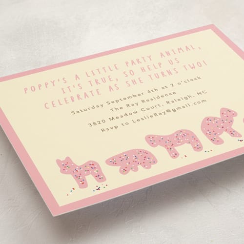 This is a pink sugar kids birthday invitations with standard by Jennifer Postorino called animal cracker parade printing on signature in postcard