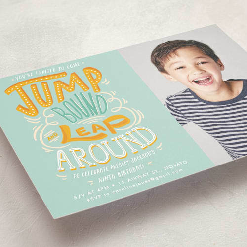 This is a sky kids birthday invitations with standard by Shiny Penny Studio called jump bound & leap printing on signature in postcard