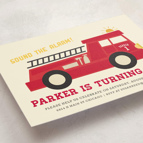 This is a fire kids birthday invitations with standard by Jessie Steury called five alarm printing on signature in postcard