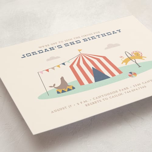This is a navy kids birthday invitations with standard by Amber Barkley called off to join the circus printing on signature in postcard