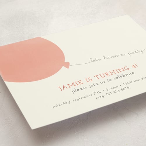 This is a coral kids birthday invitations with standard by Brianne Larsen called simple balloon printing on signature in postcard