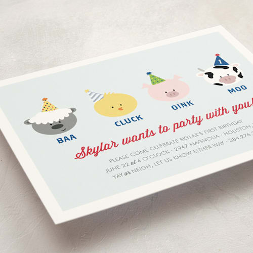 This is a sky kids birthday invitations with standard by Leslie Ann Jones called barnyard crew printing on signature in postcard