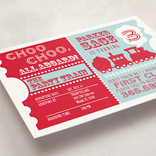 This is a classic kids birthday invitations with standard by mafy called choo choo train printing on signature in postcard