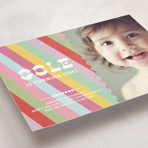 This is a rainbow kids birthday invitations with standard by SimpleTe Design called circus stripes printing on signature in postcard