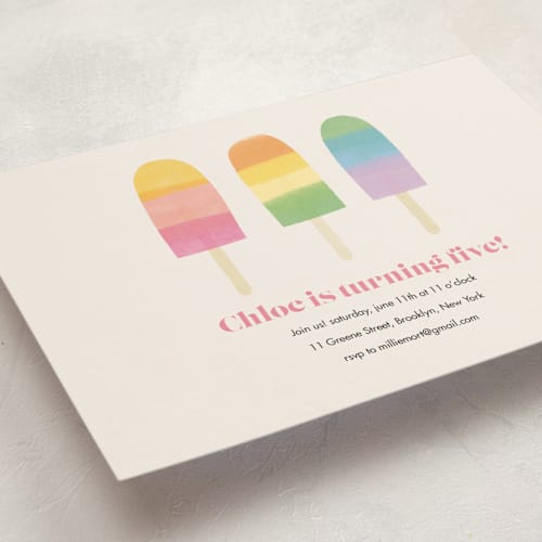 This is a pastel rainbow kids birthday invitations with standard by Lauren Semmer called rainbow popsicles printing on signature in postcard