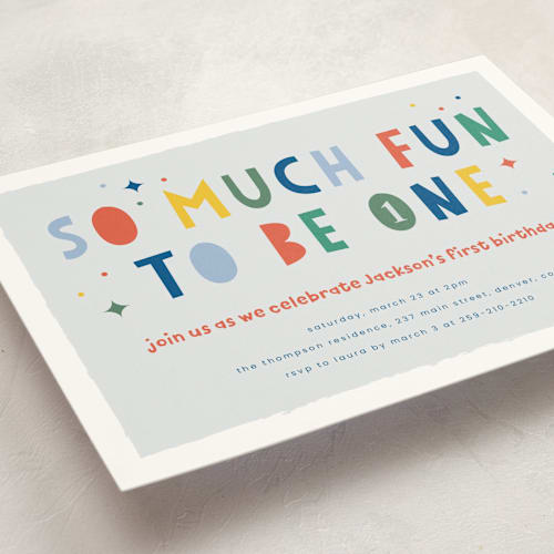This is a dino kids birthday invitations with standard by Ashlee Townsend called one is so fun printing on signature in postcard