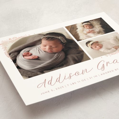 This is a burnt rose birth announcement postcards with foil pressed by Amy Payne called delicate collage printing on signature in postcard