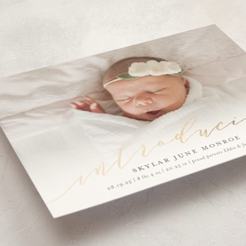 This is a slate birth announcement postcards with foil pressed by Sarah Brown called treasured printing on signature in postcard