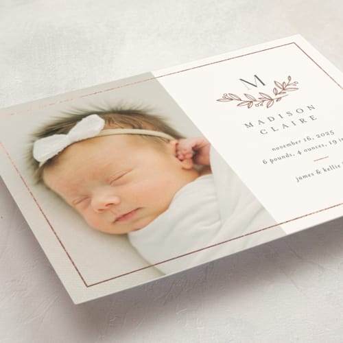 This is a lace birth announcement postcards with foil pressed by Jessica Williams called graceful laurels printing on signature in postcard