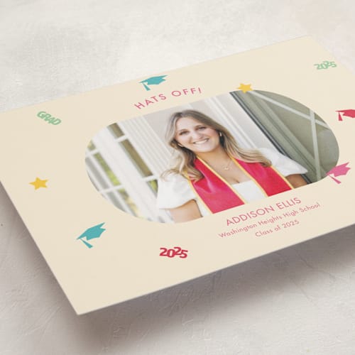 This is a multi graduation announcements with standard by Megan Cash called confetti drop printing on signature in petite