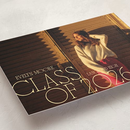 This is a golden hour graduation announcements with standard by Leia Matt called edge play printing on signature in petite