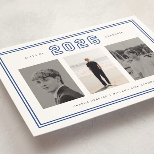 This is a royal graduation announcements with standard by Stacey Meacham called letterman printing on signature in petite