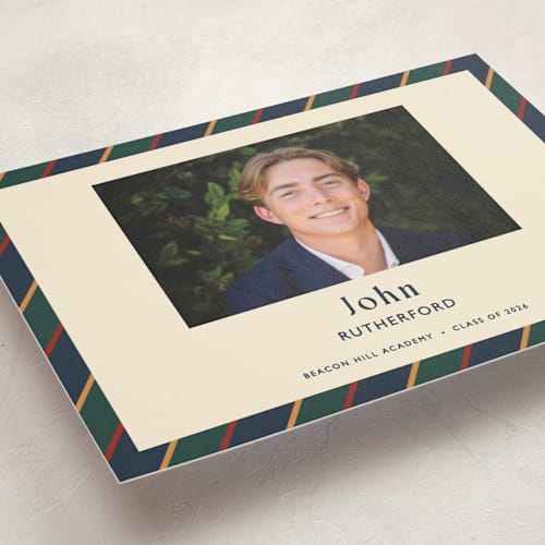 This is a navy graduation announcements with standard by Sarah Rosenthal called belmont printing on signature in petite