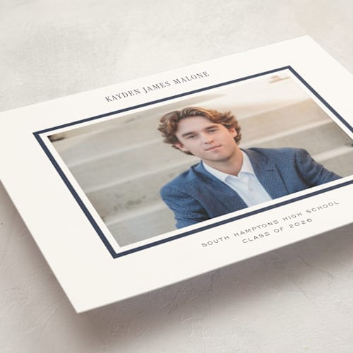 This is a navy graduation announcements with standard by Jennifer Wick called collegiate line printing on signature in petite