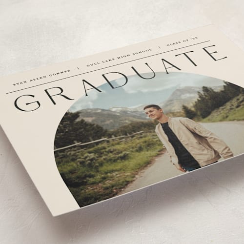 This is a ivory graduation announcements with standard by Pixel and Hank called vision printing on signature in petite