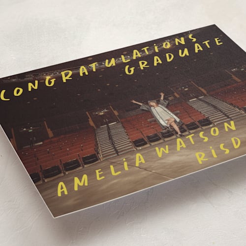 This is a lemoncello graduation announcements with standard by Maja Cunningham called celebration printing on signature in postcard
