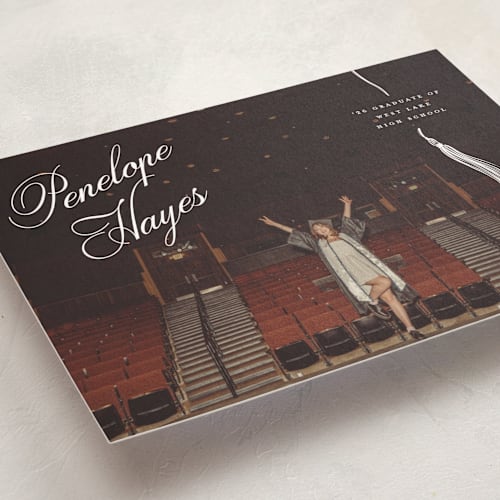 This is a snow graduation announcements with standard by Pixel and Hank called tassel type printing on signature in postcard