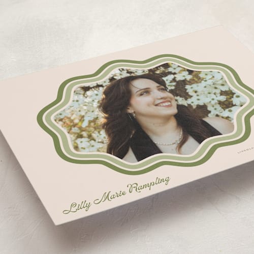 This is a matcha graduation announcements with standard by Melanie Kosuge called scalloped printing on signature in postcard