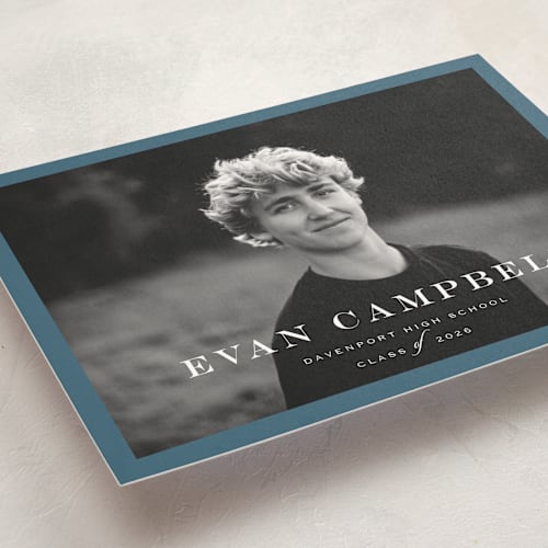 This is a rain graduation announcements with standard by Carolyn MacLaren called forever young printing on signature in postcard