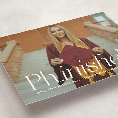 This is a cloud graduation announcements with standard by Heather Schertzer called ph.inished. printing on signature in postcard